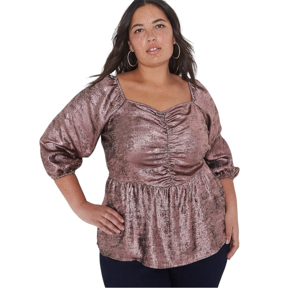 Lane Bryant 18 NWT Metallic Ruched Women's Top Babydoll Sweetheart Neck Pink